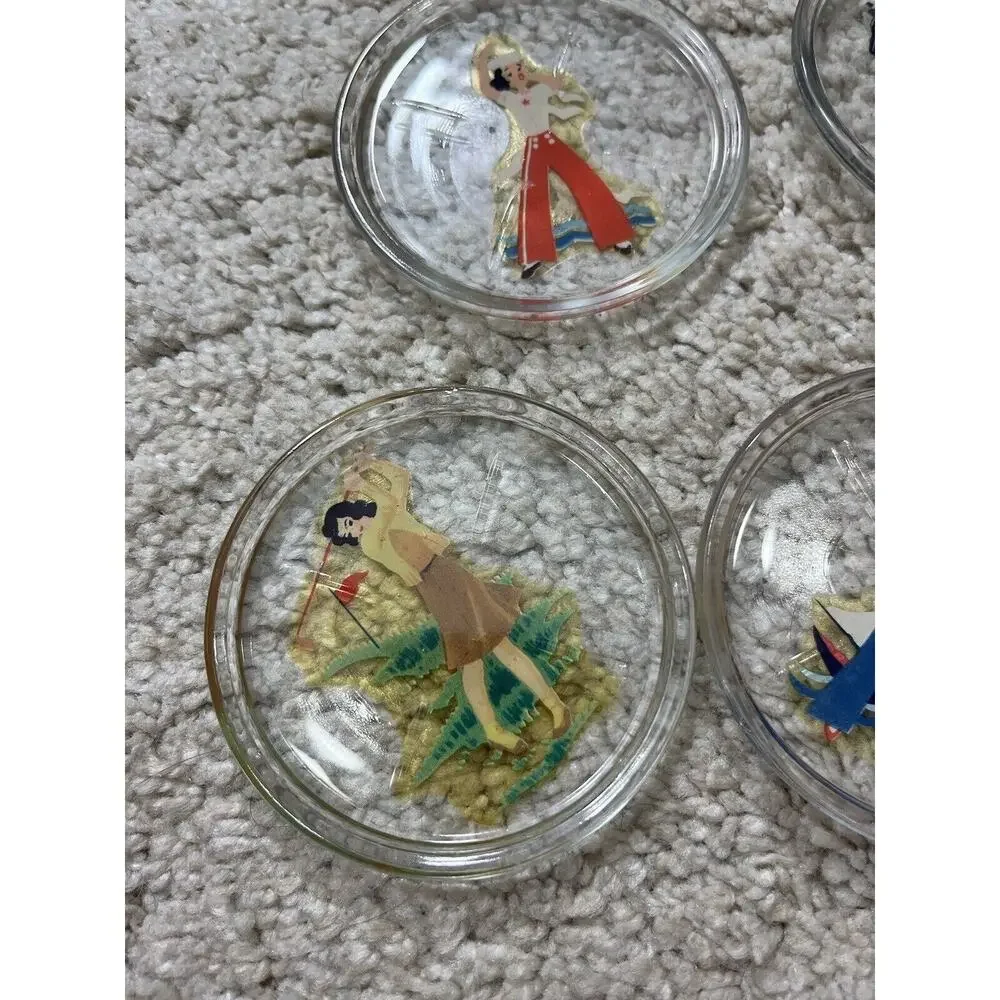 Vtg Set Of 4 Alberto Vegas Style 1940’s Glass Women In Sports Retro Coaster Set